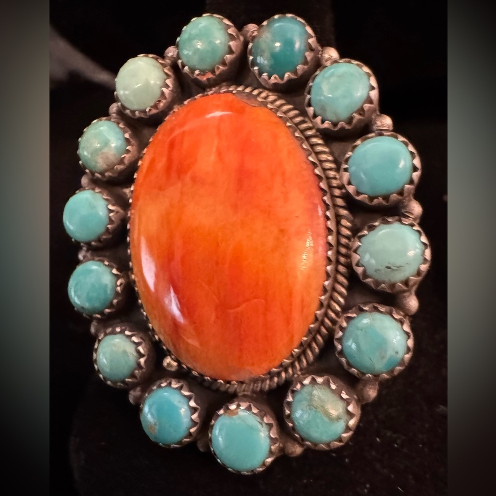 Spiny oyster Orange & genuine, Kingman Turquoise Statement Ring sterling silver